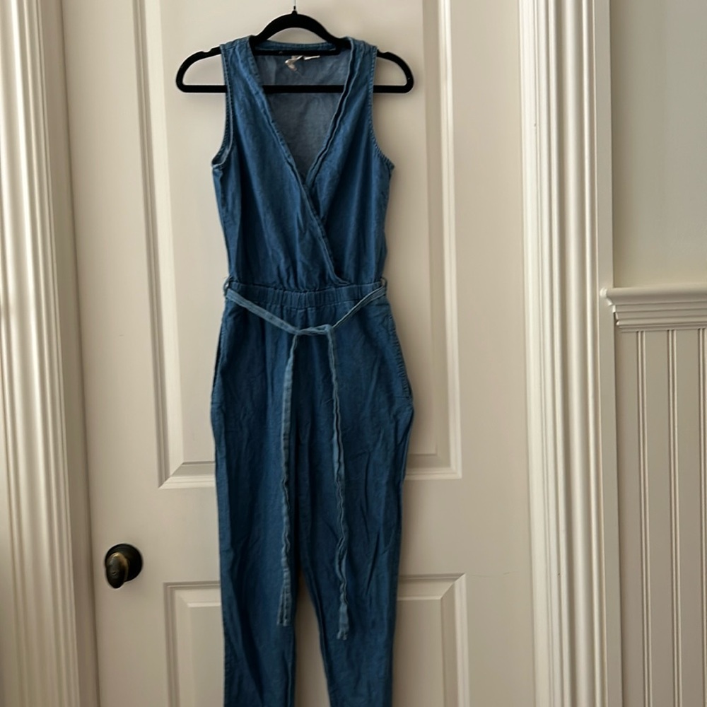 Mimi Chica women denim belt jumpsuit sleeveless snap front elastic waist size XS